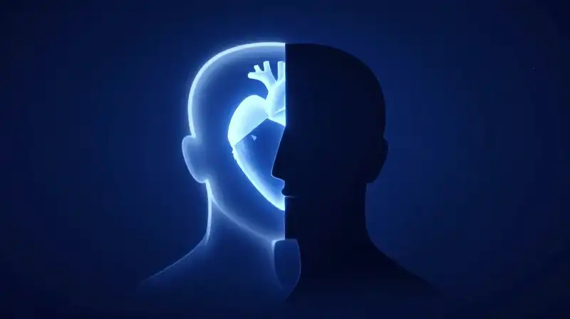 A glowing geometric head meets a hollow, shadowed heart