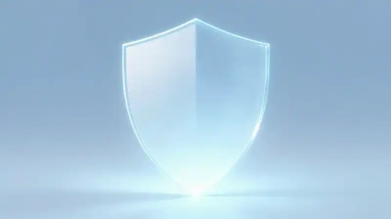 A glowing geometric glass shield floats in a blue atmosphere