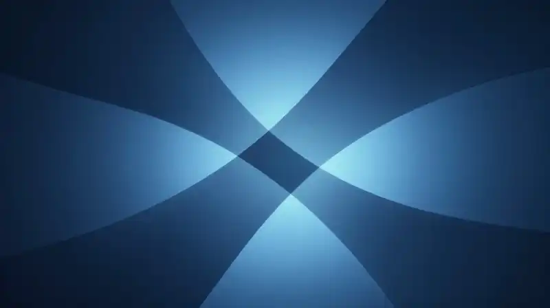 Glowing blue silhouettes intertwine within a dark, geometric void