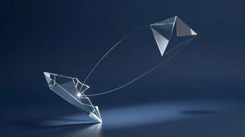 A glowing thread weaves through floating glass shapes and prisms