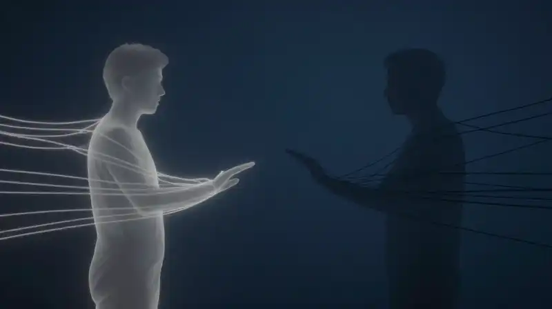 Two translucent silhouettes face each other amidst glowing and dark paths