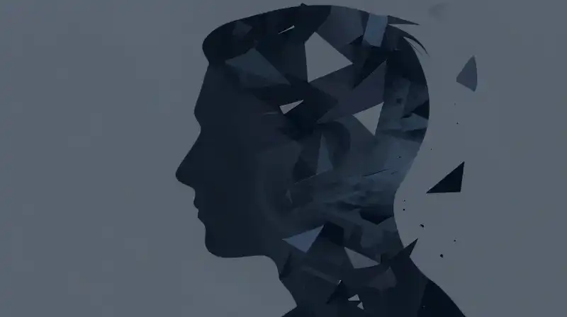 A fragmented human profile emerges from swirling geometric shards