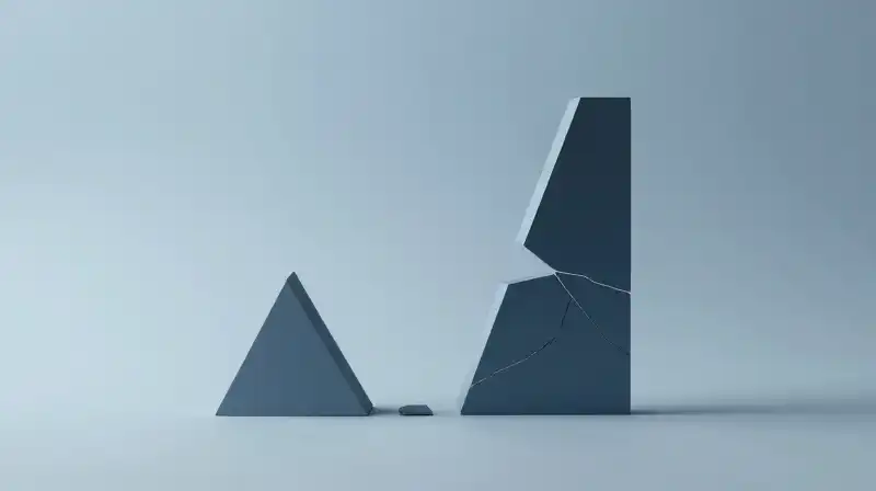 Geometric shapes and fractured forms balance against a blue backdrop