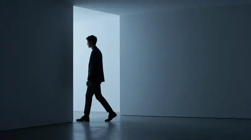 A silhouette steps through a dissolving boundary into blue light