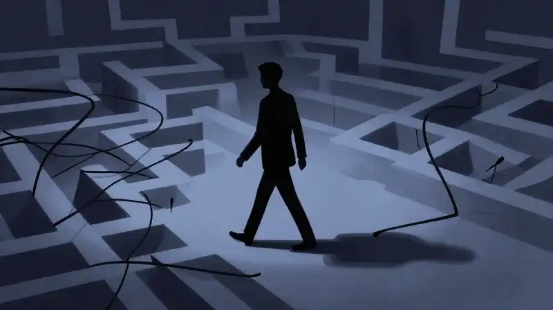 A fragmented silhouette walks through a disorienting indigo maze