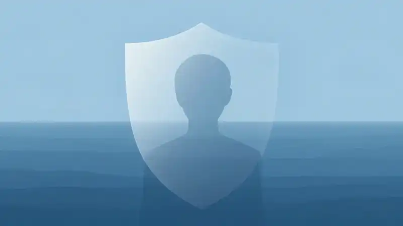 A translucent silhouette forms a geometric shield over the ocean