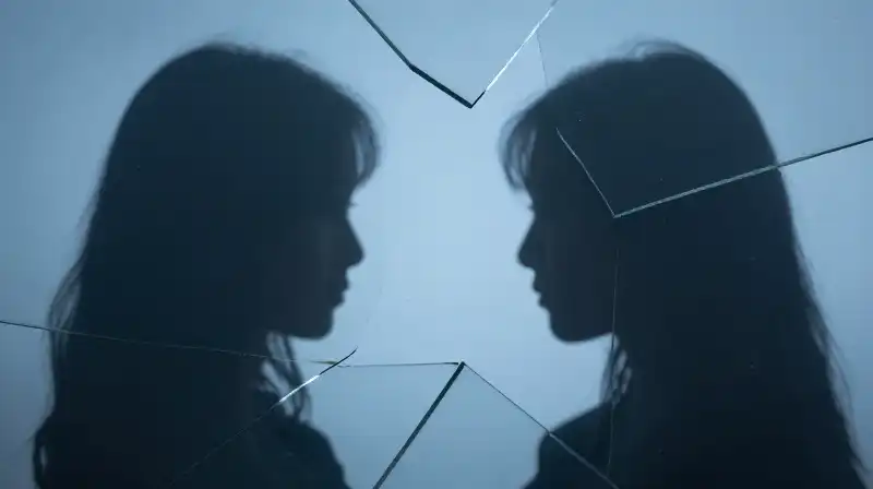 Two translucent silhouettes overlap amidst fractured, geometric glass shards