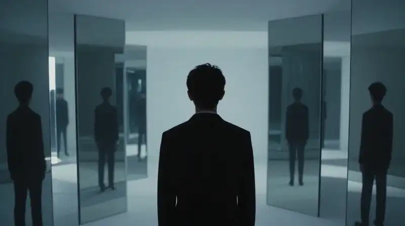 A lone silhouette faces a complex labyrinth of mirrors