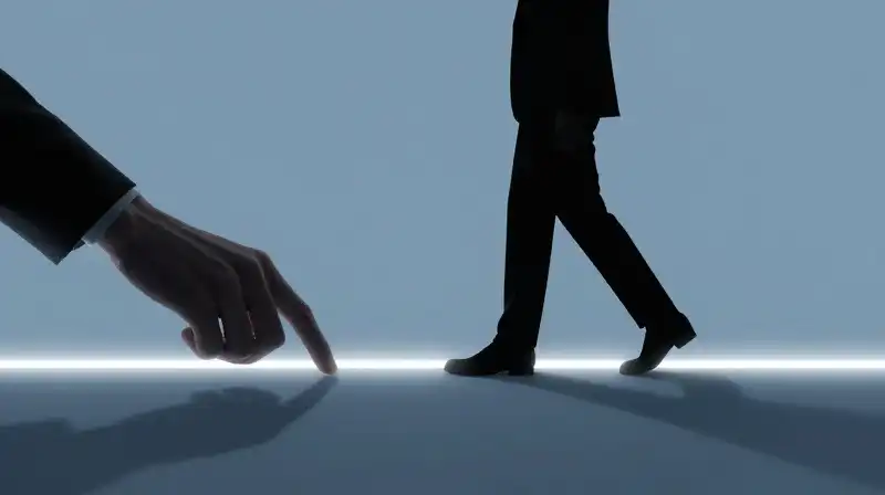A silhouette steps into light past a glowing boundary