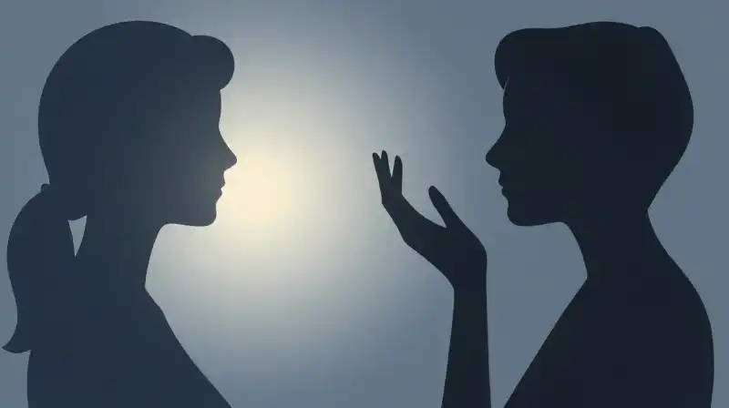 Two abstract silhouettes split by a glowing, dividing core