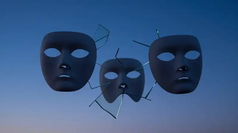 Fractured glass masks float against a deep blue twilight