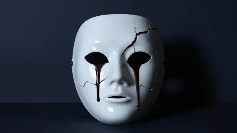 A cracked porcelain mask leaks dark liquid in blue shadows