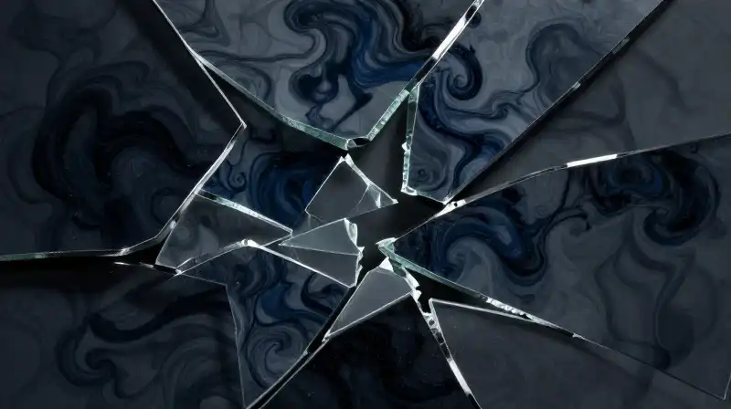 Fractured glass shards swirl with deep blue ink patterns