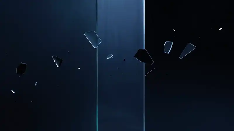 Geometric shards float between two dark voids through blue haze