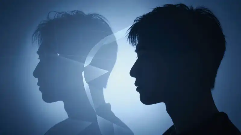 Two overlapping silhouettes, one glowing and one fragmented, amidst blue patterns