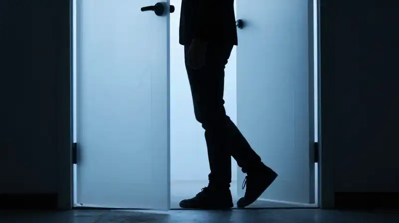 A silhouette steps through a glowing, geometric doorway