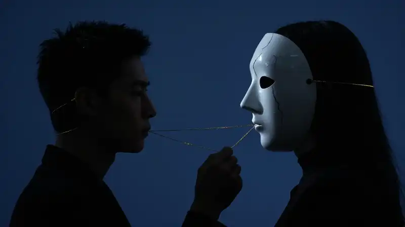 Two silhouettes intertwine amidst golden threads and a cracked mask