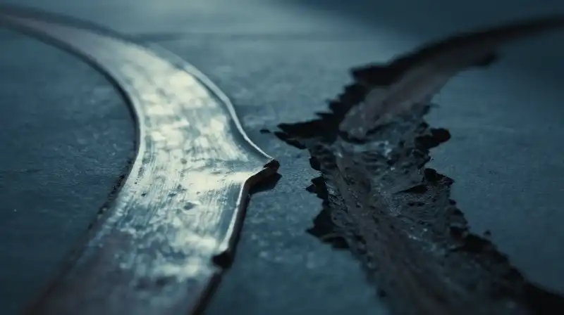 Two diverging paths, one polished and one dark and jagged