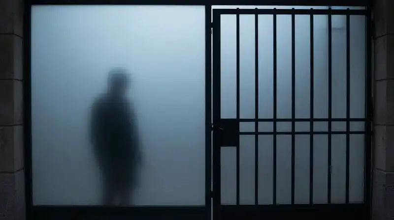 A lone silhouette stands behind frosted glass and iron gates