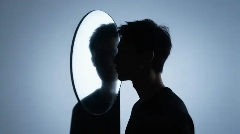 A split silhouette of light and shadow against blue