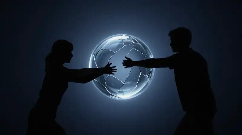 Two dark silhouettes pull away from a glowing, fractured sphere
