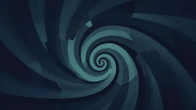 A dark teal spiral of shifting geometric silhouettes