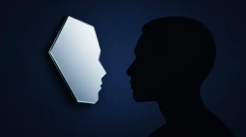 A split silhouette profile shows one glowing fragmented side
