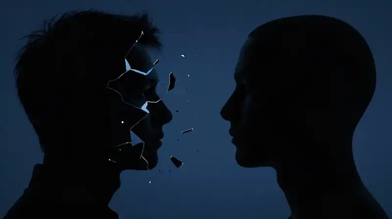 Two blue profiles face each other, one shattering into shards