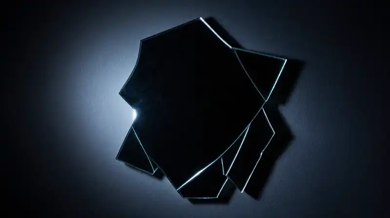 A hollow silhouette reflects within glowing, fragmented blue glass