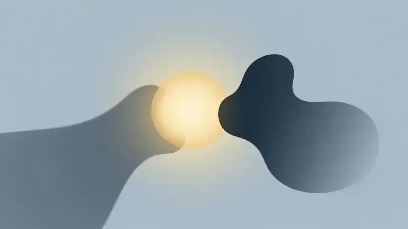 Two shadows split between a golden orb and dark fluid