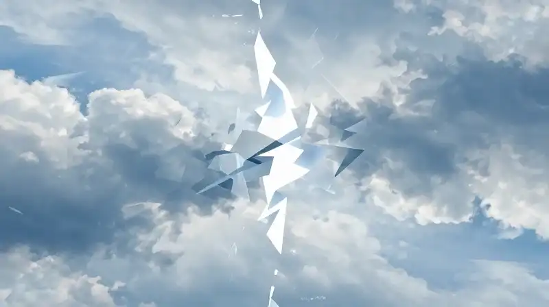Translucent geometric shards drift through soft, swirling blue clouds