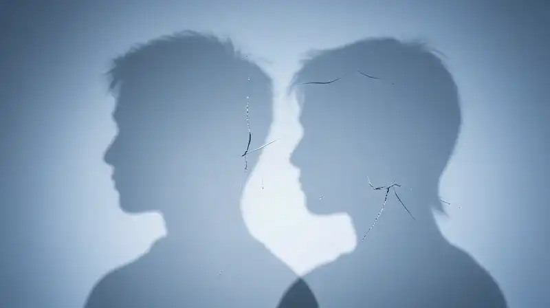 Two overlapping translucent silhouettes appear through fractured glass textures