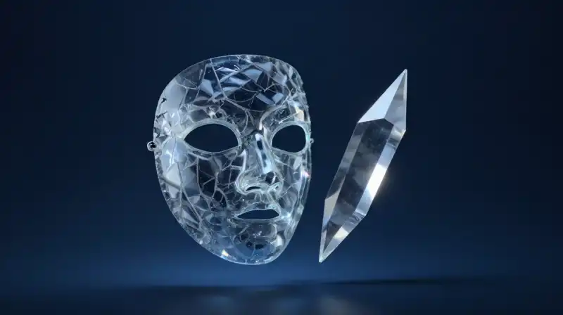 A glowing glass mask and sharp shard float in blue haze