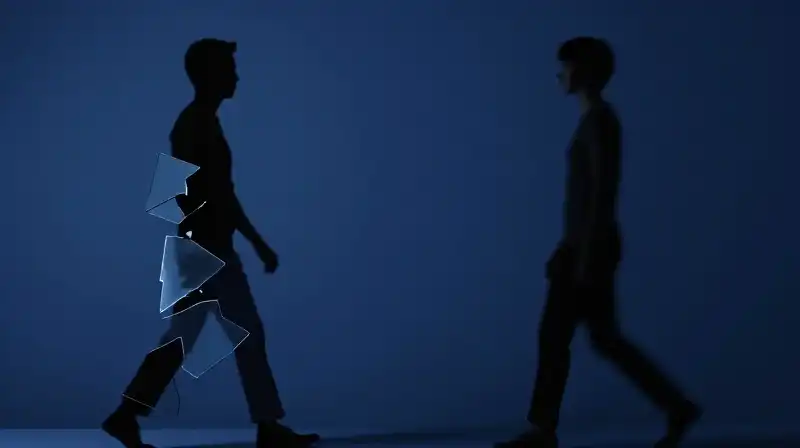Two shifting silhouettes of glass and geometric shapes float