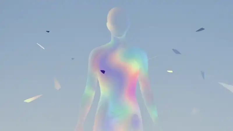 A translucent human silhouette swirls with colorful social patterns