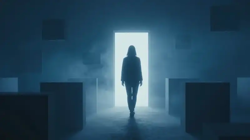 A silhouette walks through a glowing doorway into blue mist