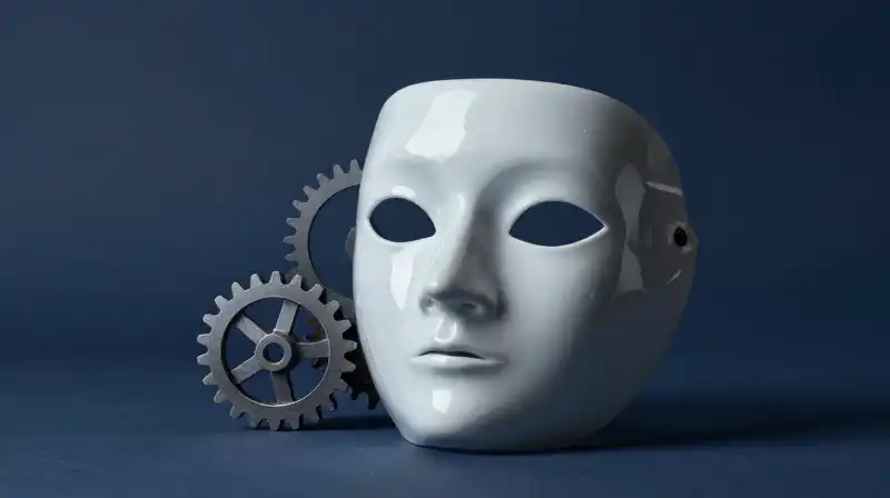 A fragile porcelain mask reflects gears in a dark landscape