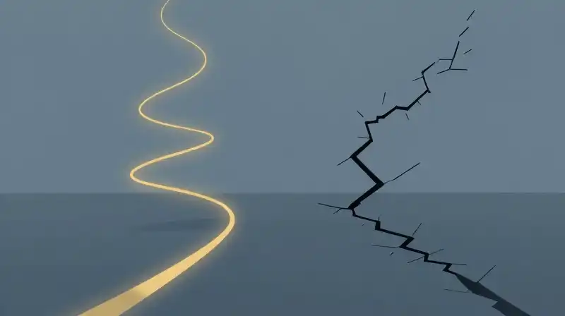 A golden spiral and a jagged blue path diverge