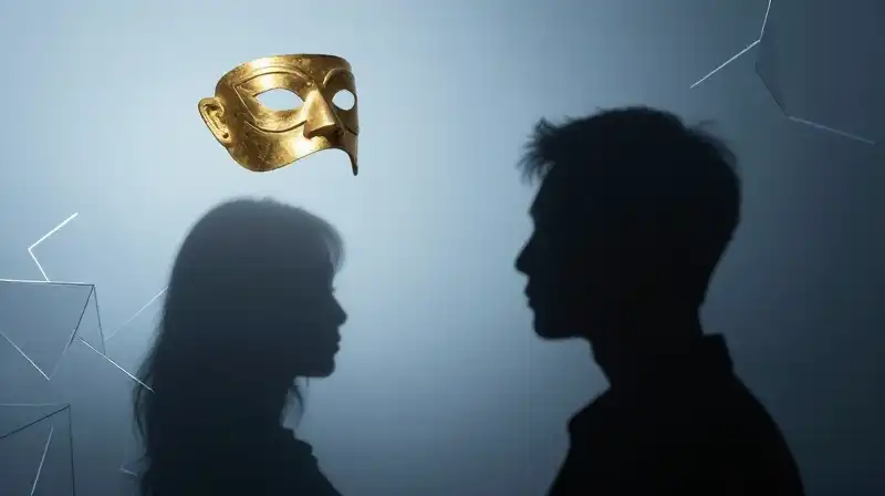 A golden mask floats above a dark, shadowy silhouette