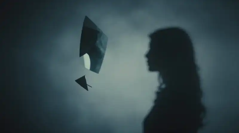 A dark silhouette stares into a floating, distorted mirror fragment
