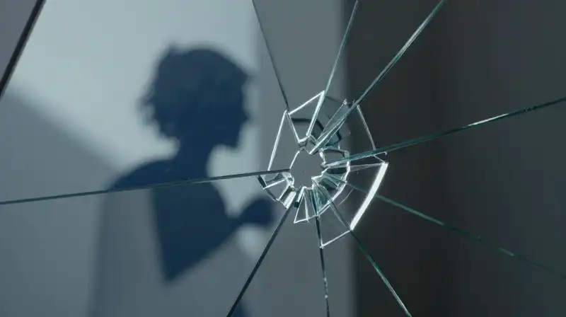 Shattered mirror reflections show distorted blue shapes and shadows