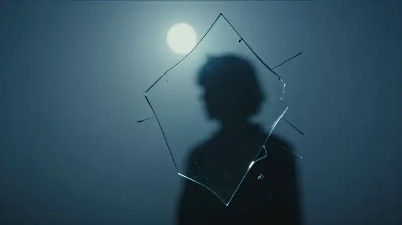 A dark silhouette emerges from shattering glass in misty blue