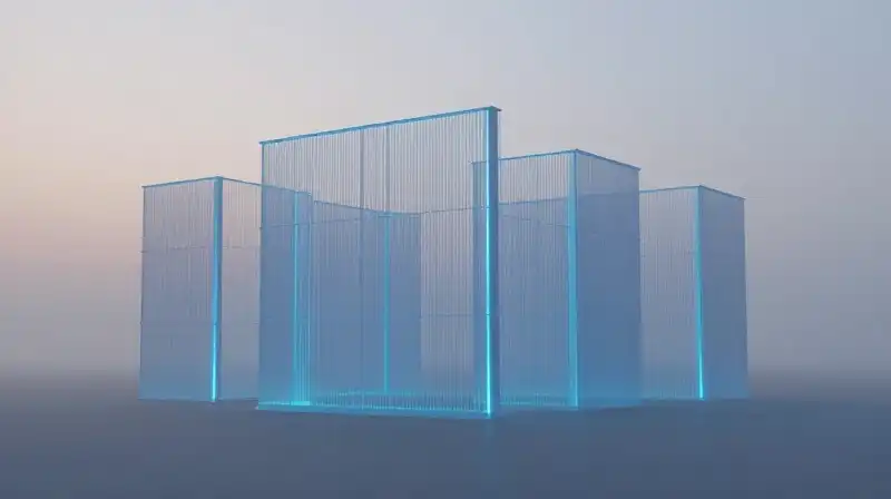 A translucent silhouette builds a glowing blue geometric barrier