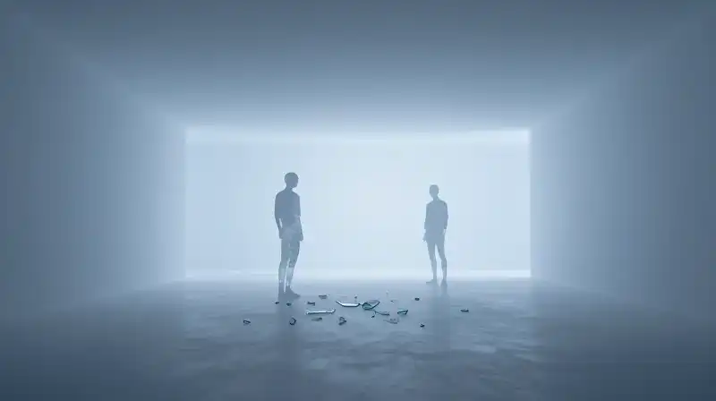 Translucent silhouettes stand among glass fragments in a vast hall