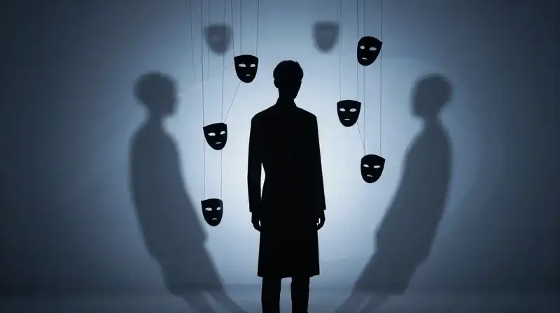 A silhouetted figure is surrounded by orbiting masks and strings