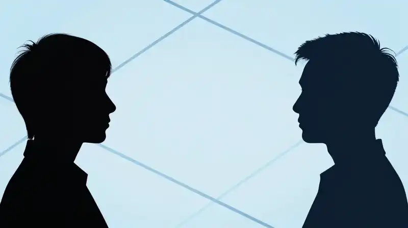 Two silhouetted profiles face away through intersecting geometric lines