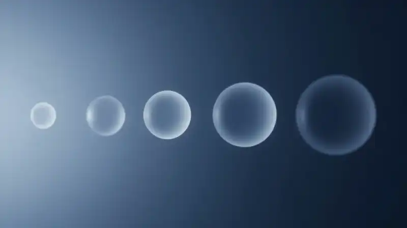 Translucent geometric spheres float within a deep blue mist