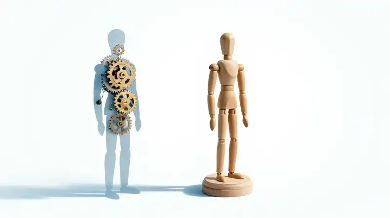 A translucent human silhouette filled with intricate clockwork gears