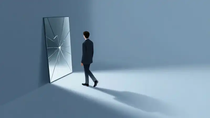 A person walks from a broken mirror along blue light