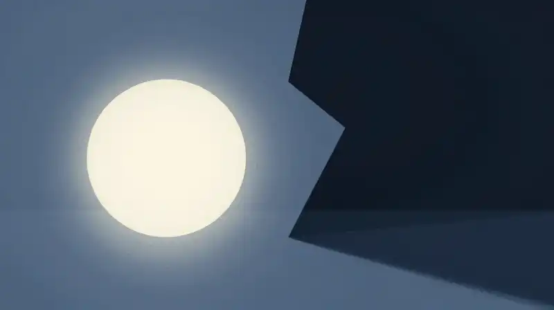 A glowing orb balances against a jagged shadow on scales